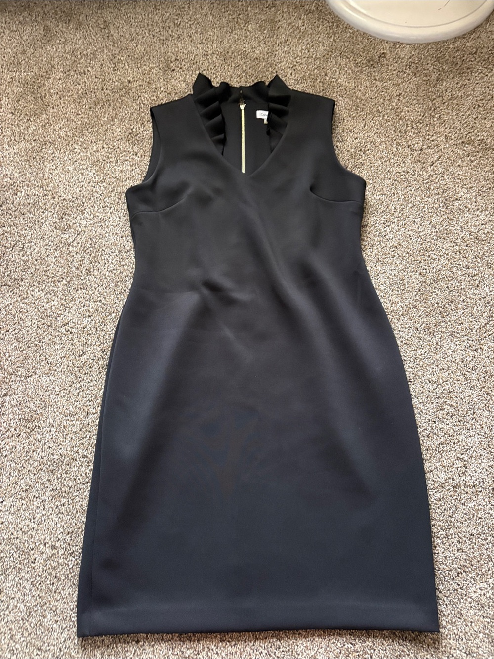Calvin Klein Black Sleeveless V-Neck Sheath Dress with Ruffle Collar
